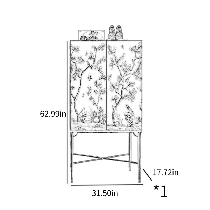 Bibliothèque en bois massif fleurs et oiseaux peints