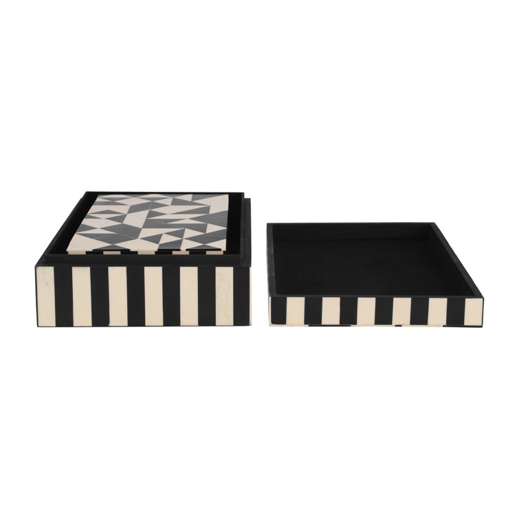 Finnley 2 Piece Set Storage Boxes - 10 & 12 Black and White Herringbone Polyresin Decorative Keepsake Boxes for Storage, Jewelry, Gift Idea Willa AR