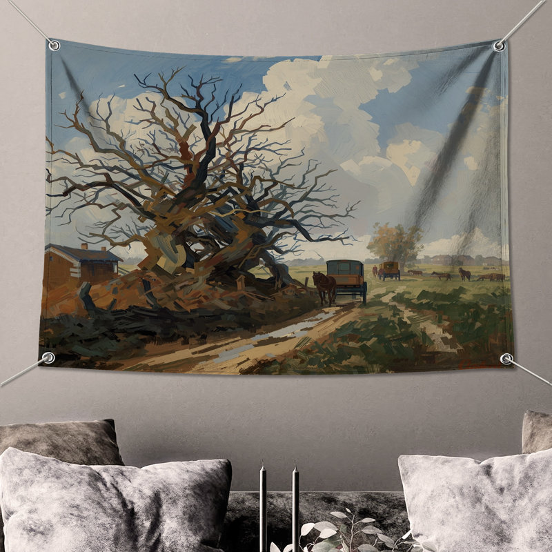 Tapisserie murale paysage campagne - arbre, 68in H x80in W with 4 Grommets
