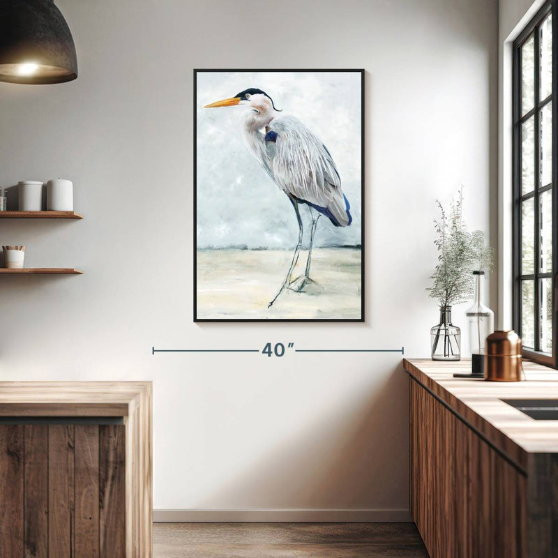 Héron bleu plage I, Cadre flottant noir, 27 po x 40 po