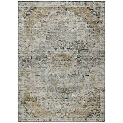 9' X 12' Taupe And Beige Medallion Washable Indoor Outdoor Area Rug