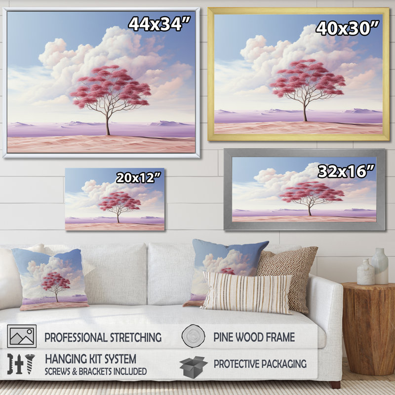 Arbre de minimalisme rose solitude II, H 30 po x l 40 po x P 1,5 po, Cadre photo blanc