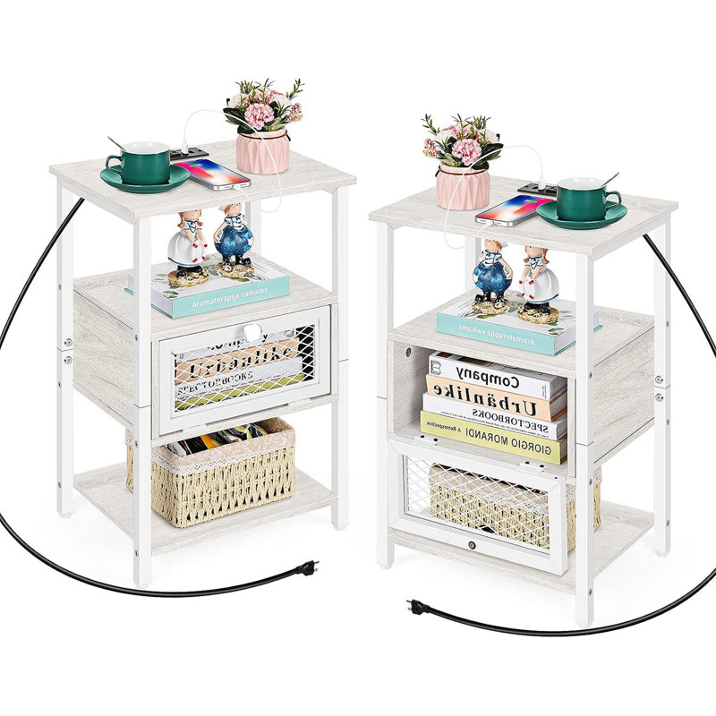 End Table Set and Built-In Outlets, White