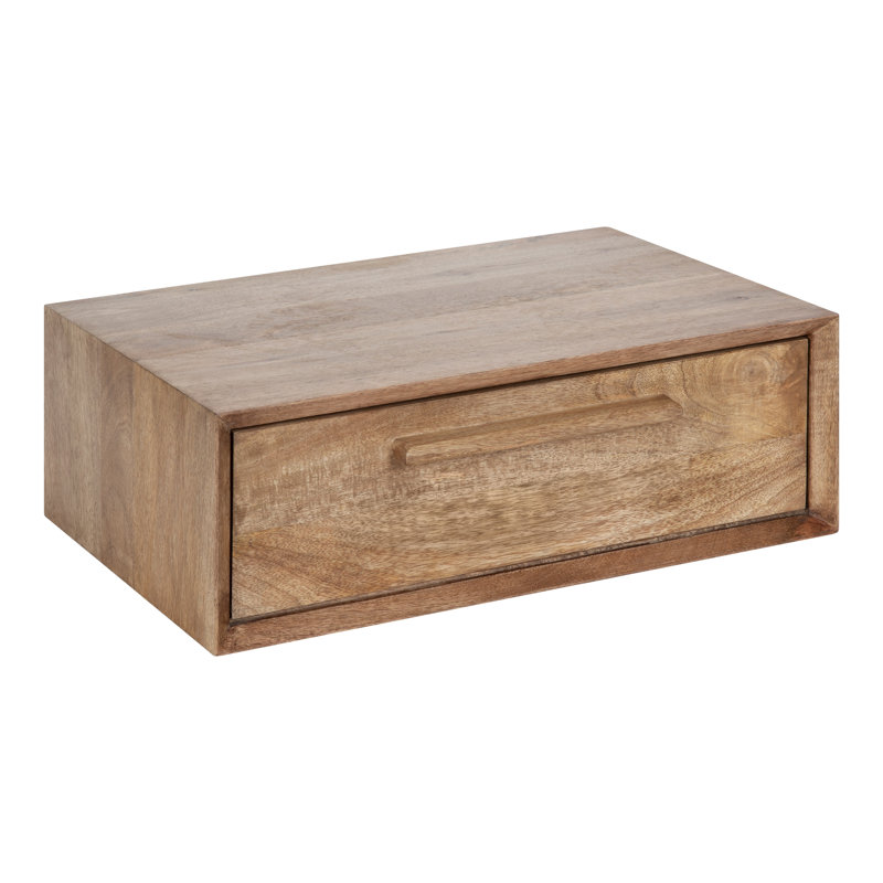 Natural Mango Wood Floating Wall Shelf with Drawer