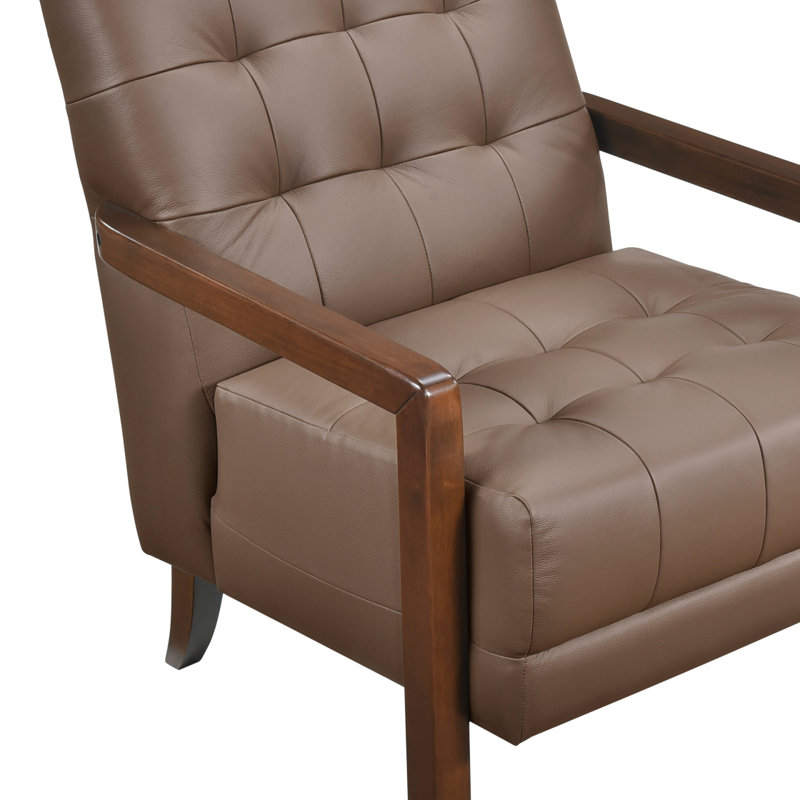 Chaise d'appoint en cuir de style moderne et capitonnée avec détails en bois et finition noyer, Brown