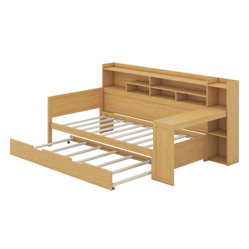 Lit de jour en bois avec lit gigogne et bureau d'étude, Lit simple, Naturel