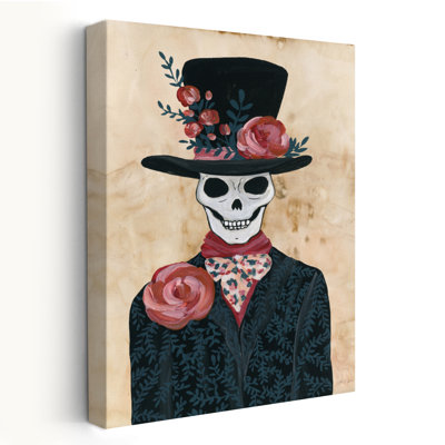 Skeletal Lover I - Black Bowtie Cream Florals Art