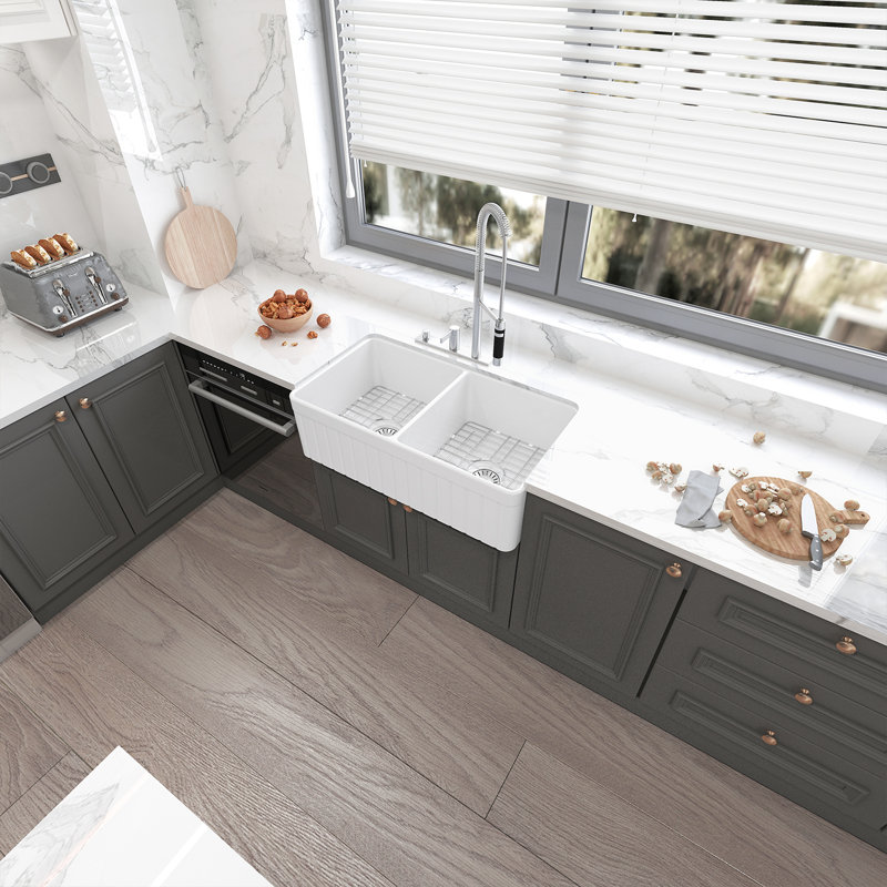 Sinber 33'' White Fireclay Farmhouse Double Bowl Kitchen Sink