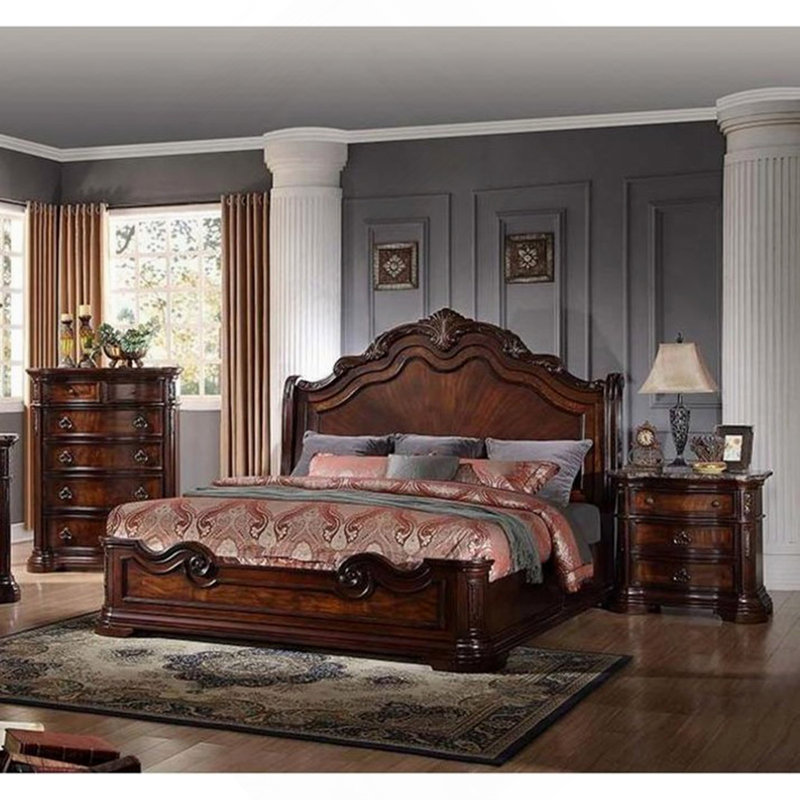 Table de chevet traditionnelle avec dessus en faux marbre, table de chevet 3 tiroirs en bois massif, noyer