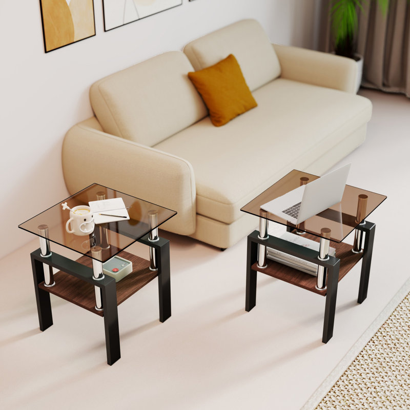 Ensemble de 2 tables de bout avec plateau en verre trempé brun moderne et pieds noirs, Brun, Noir