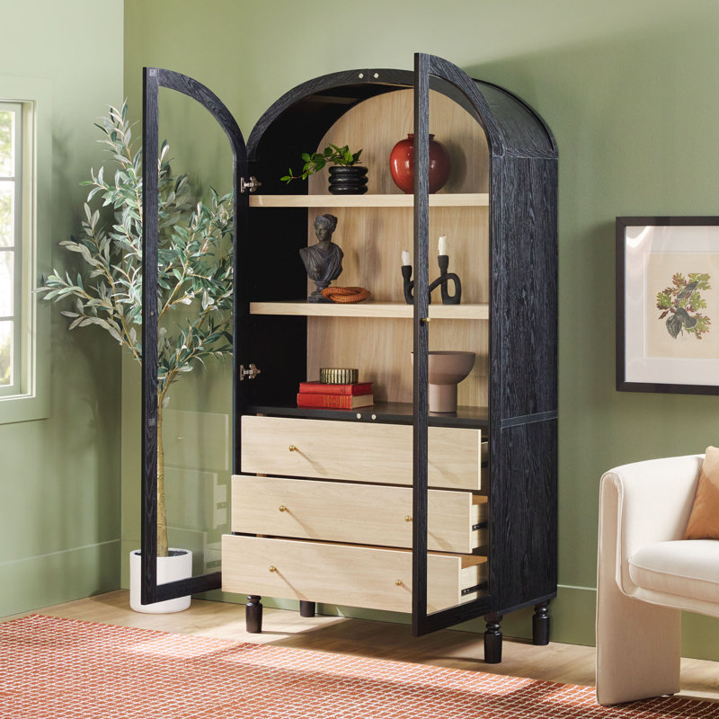 Holzhauer Modern Arched Glass Bookcase With Cabinet, Black