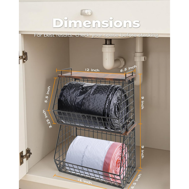 2 Pack Large Stackable Garbage Bag Dispenser, Wall/Under Sink Mount Trash Bag Roll Holder for 13/33 Gallon Bags, Kitchen Storage Bin