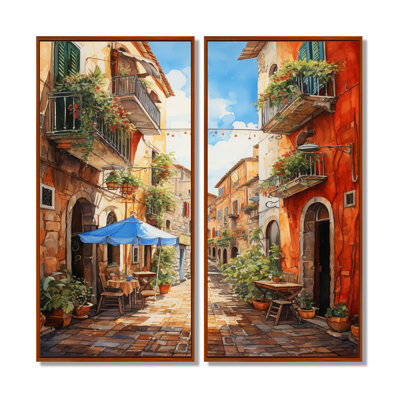 «Italian Village Essence», ensemble de 2 reproductions d'art sur toile, paysages bleus