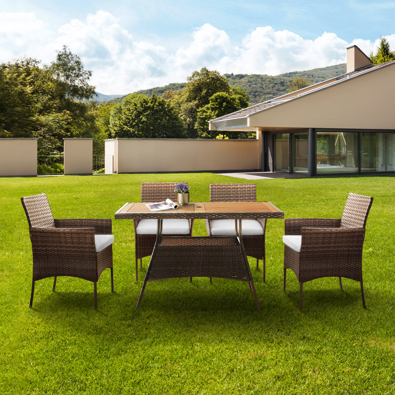 4 - Person Acacia Patio Dining Set with Rectangular Table , Cushions Included