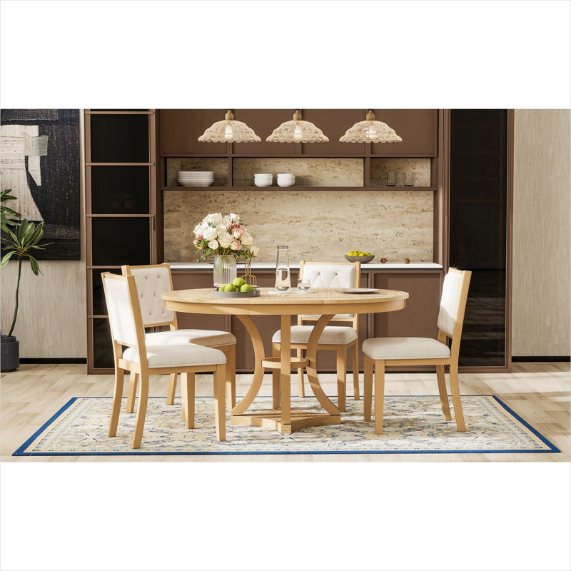 Ensemble de table de salle à manger extensible en placage de chêne avec chaises rembourrées, finition naturelle claire, 4 à 6 places, style rétro pour la cuisine ou le salon