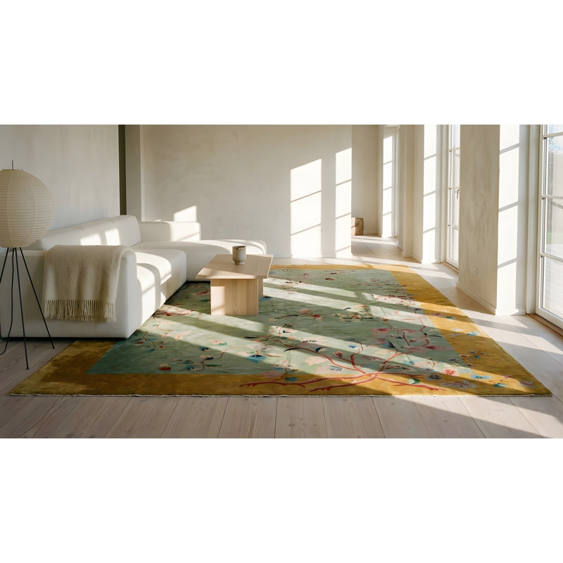 Tapis rectangulaire en laine antique noué à la main vert des années 1920