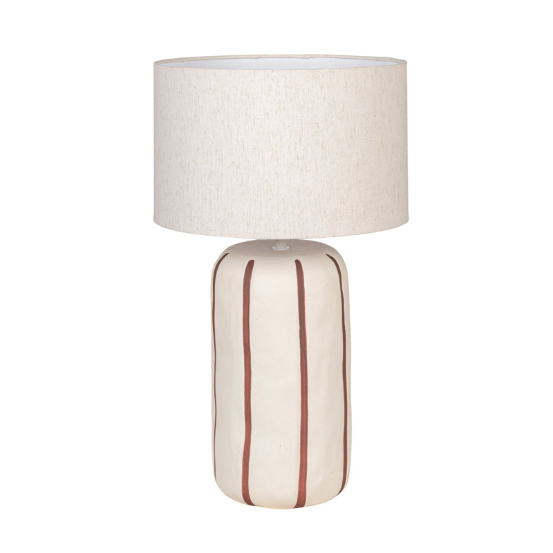 Lampe de table en grès avec rayures peintes à la main et abat-jour en lin