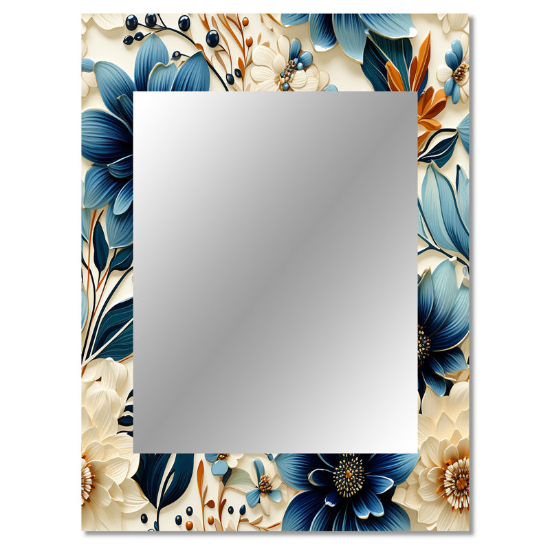 Caityln Boho blanc bleu fleurs d'hibiscus - miroir mural floral unique, miroir floral, art imprimé en métal, 40 po x 30 po