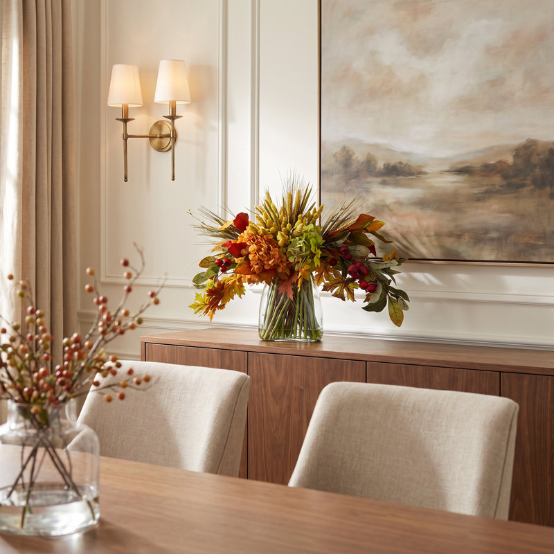 Fall Centerpiece with Hydrangeas and Maple Leaves, Green; Orange; Red; Yellow, 23" H x 31" W