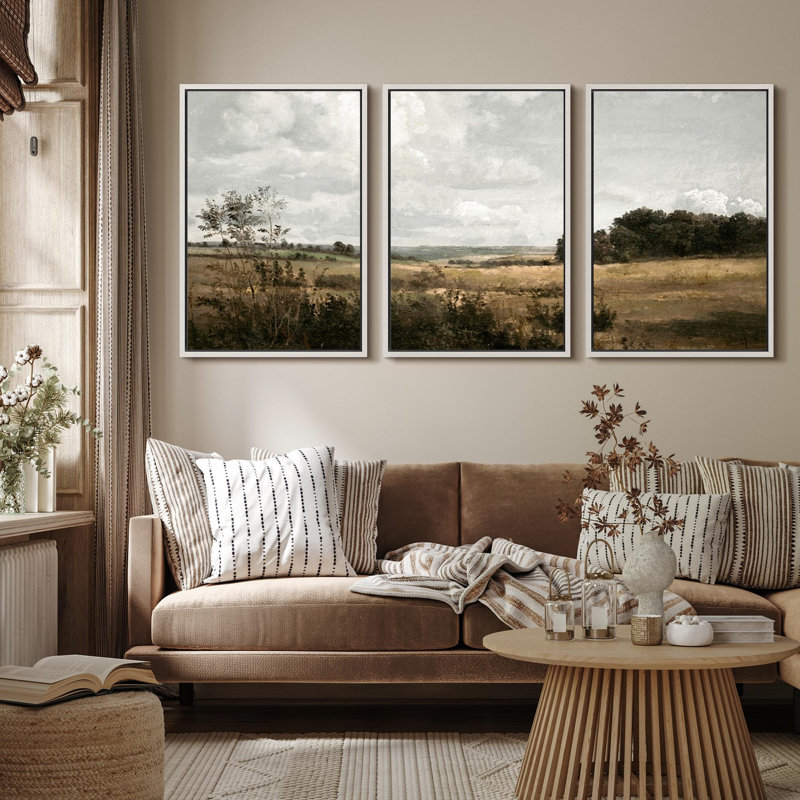 «Rustic Fields Tranquil Countryside Landscape Nature Wilderness Illustration Decor Panoramic Earth», 3 pièces sur toile