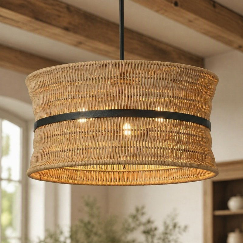 Luminaire suspendu en rotin tissé à la main de style bohème 18 pouces pour salle à manger, îlot de cuisine, salon, 4 lumières E12