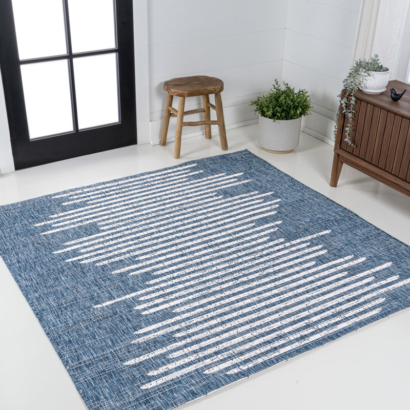 Grundy Berber Stripe Geometric Blue/Ivory Indoor/Outdoor Rug, Square 3'11"