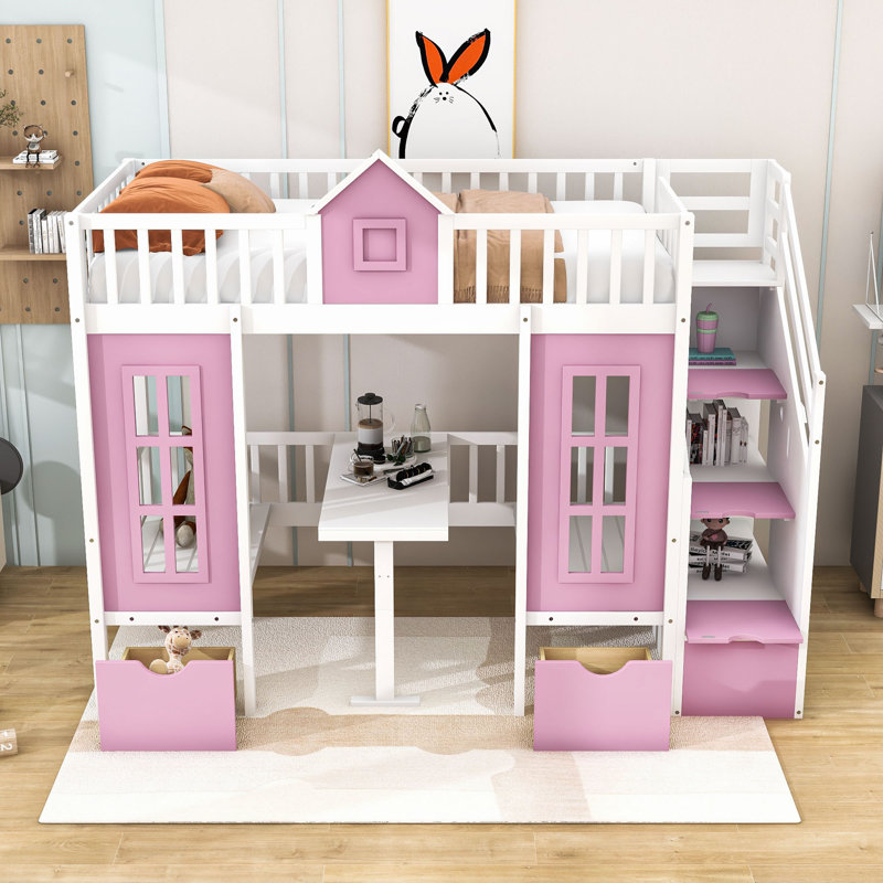 Anela Convertible Playhouse Wood Bunk Bed With Staircase And Drawers, Twin Over Twin, Pink