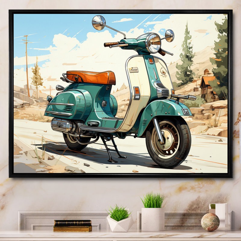 Green Scooter Retro Electric II, reproduction d'art sur toile, Cadre flottant noir, H 34 po x l 44 po x P 1,5 po