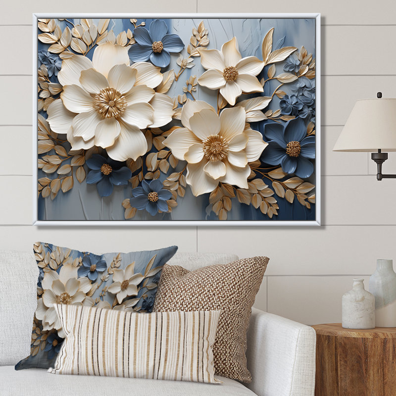 Composition de fleurs saisonnières beige et bleu - Fleurs saisonnières, H 30 po x l 40 po x P 1,5 po, Cadre flottant blanc
