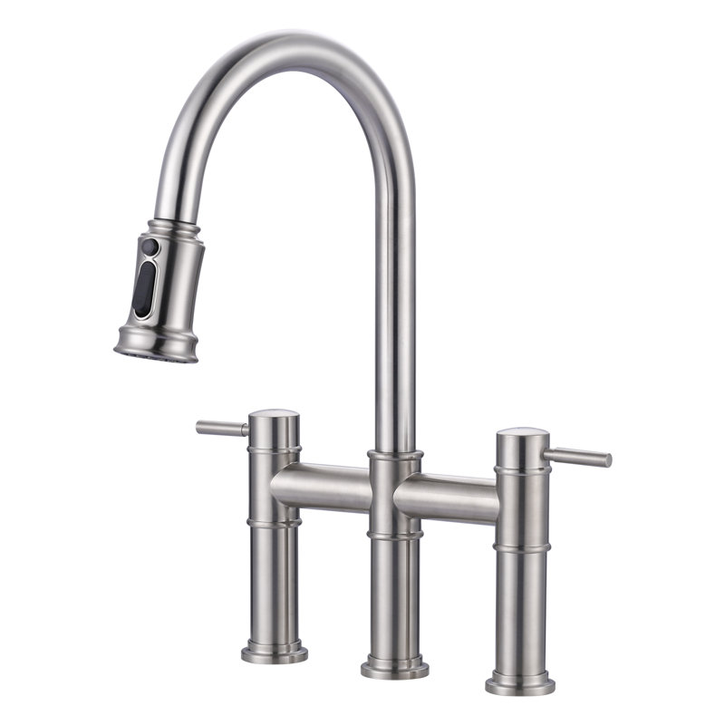 Douchette de cuisine à double poignée extractible, 3 trous, tuyaux d'alimentation inclus, fini nickel brossé, Nickel brossé