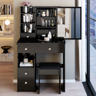 Table de coiffeuse de 29,2 po de profondeur avec tabouret rembourré, grand miroir coulissant, rangement multicouche, design noir américain pour les petites chambres