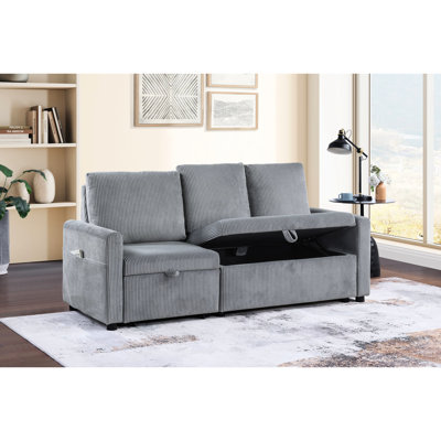 Velours côtelé gris avec méridienne coulissante et rangement sous-siège, poche latérale, 3 chaises confortables, poche pratique