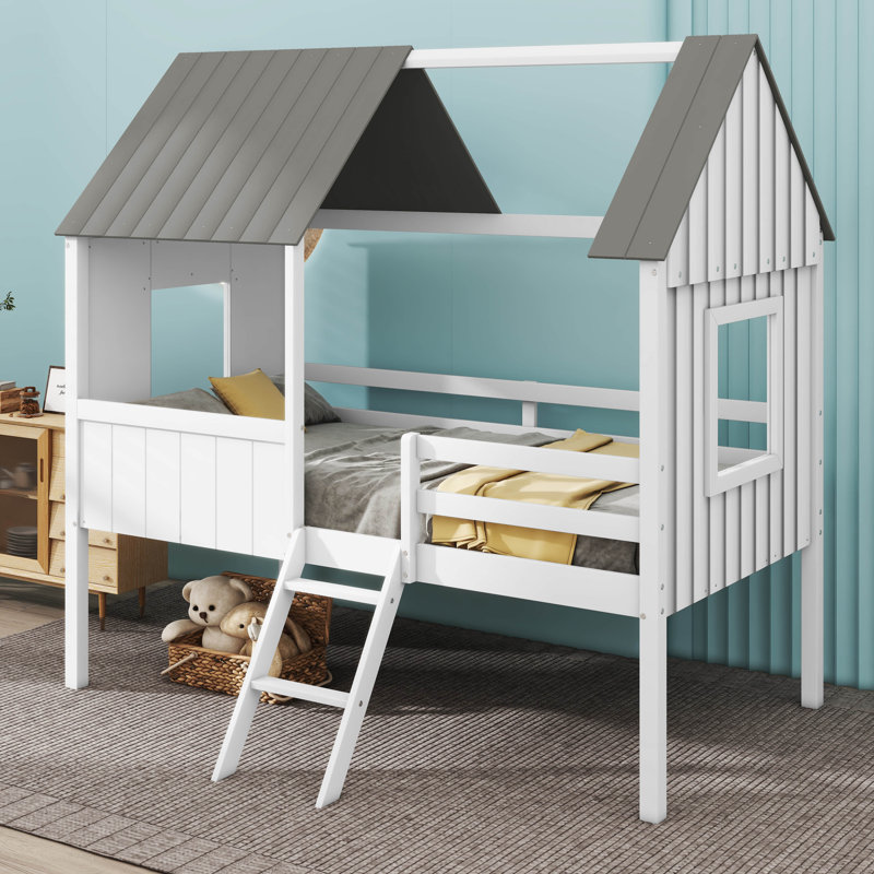Emera Low Loft House Bed With Guardrails, White/Gray