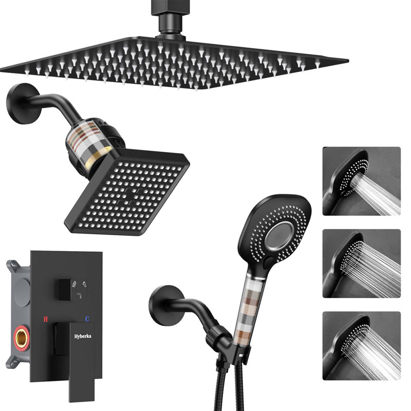 Ceiling Mount Pressure Balanced Shower System, 12" Dual  Showerheads System with Filter and Valve, 12" - Black