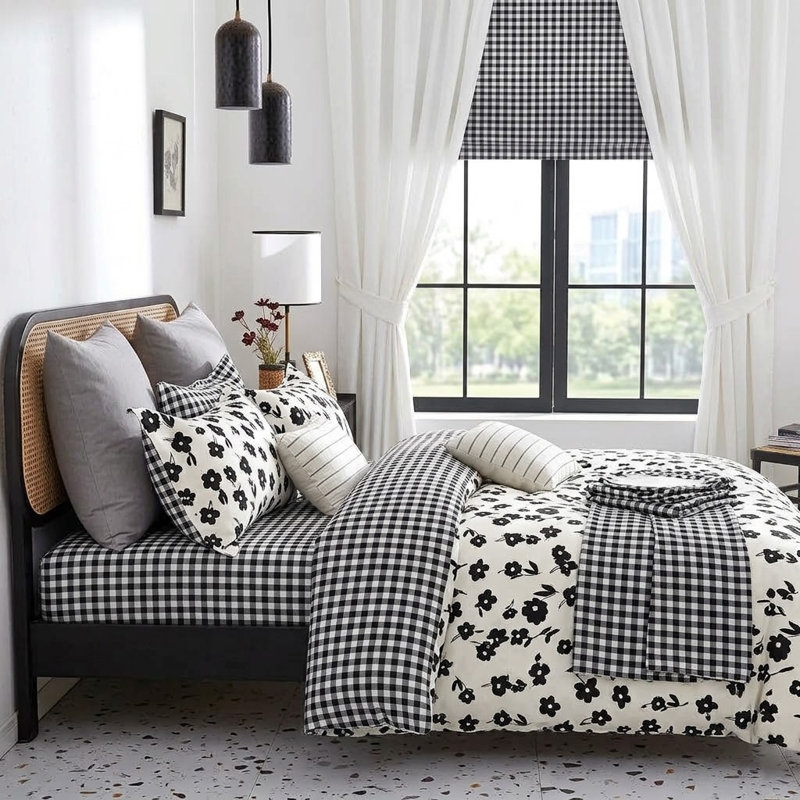 Literie réversible Hepburn 100 % coton à motif floral noir et blanc avec taie d'oreiller