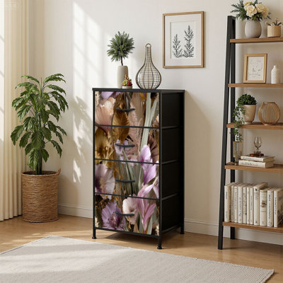 4 Drawer Vertical Storage Dresser Dreamy Botanical Floral Motif with Wood Top Fabric Pull Drawers