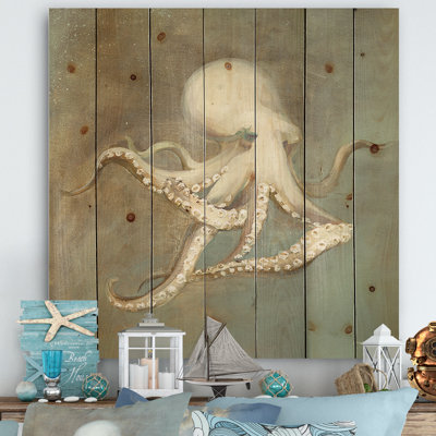 Octopus Treasures from the Sea - Impression nautique et côtière sur bois de pin naturel