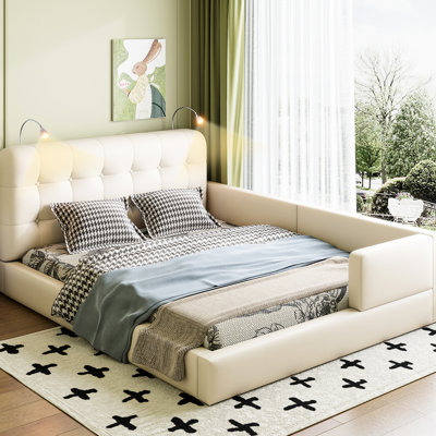 Grand lit plateforme avec lumières de lecture personnalisées - Cuir blanc relaxant pour tête de lit