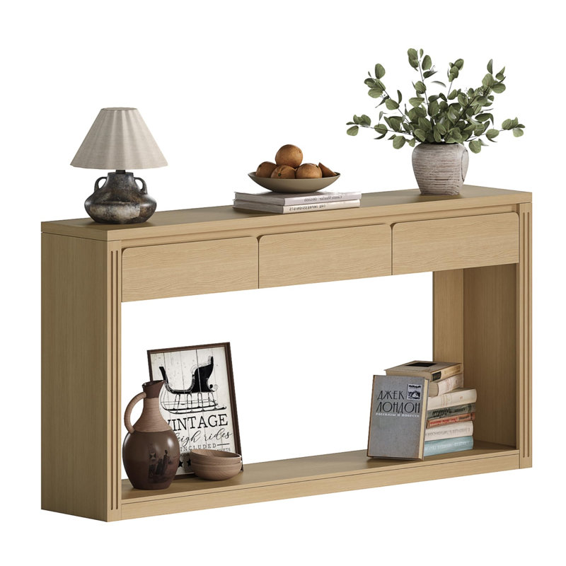 63" W Three Drawer Flat Console Table, Light Yellow Wood
