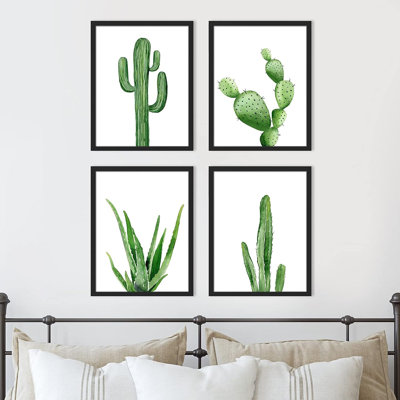 Minimal Botanical IDÉE4WALL, art mural encadré de cactus vert vibrant, ensemble de 4 impressions murales nature sauvage, décoration florale botanique pour salon, chambre à coucher, 4 pièces