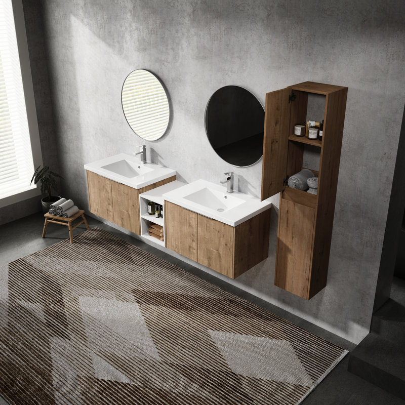 Meuble-lavabo moderne avec lavabo en résine et compartiment latéral - Armoire de mise à niveau élégante - Entretien facile de la surface