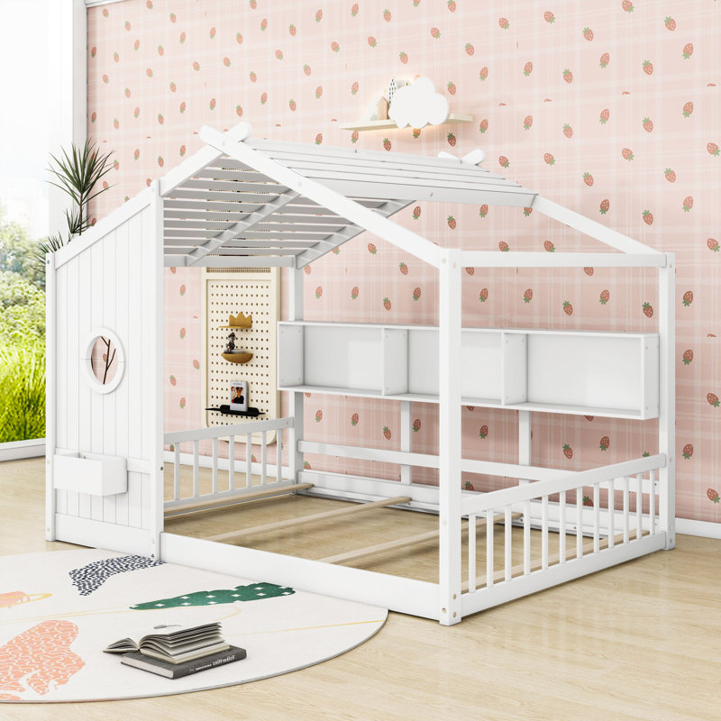 Lit maison en bois avec tablette de rangement, Complète, Blanc