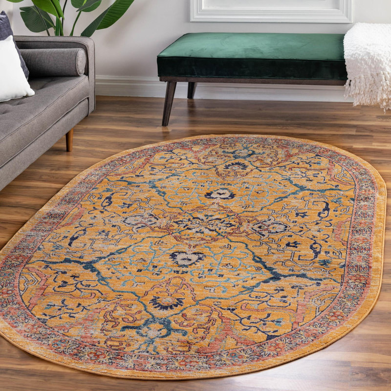 Tapis jaune / bleu / rouge Indigo, Ovale 5 pi 3 po x 8 pi