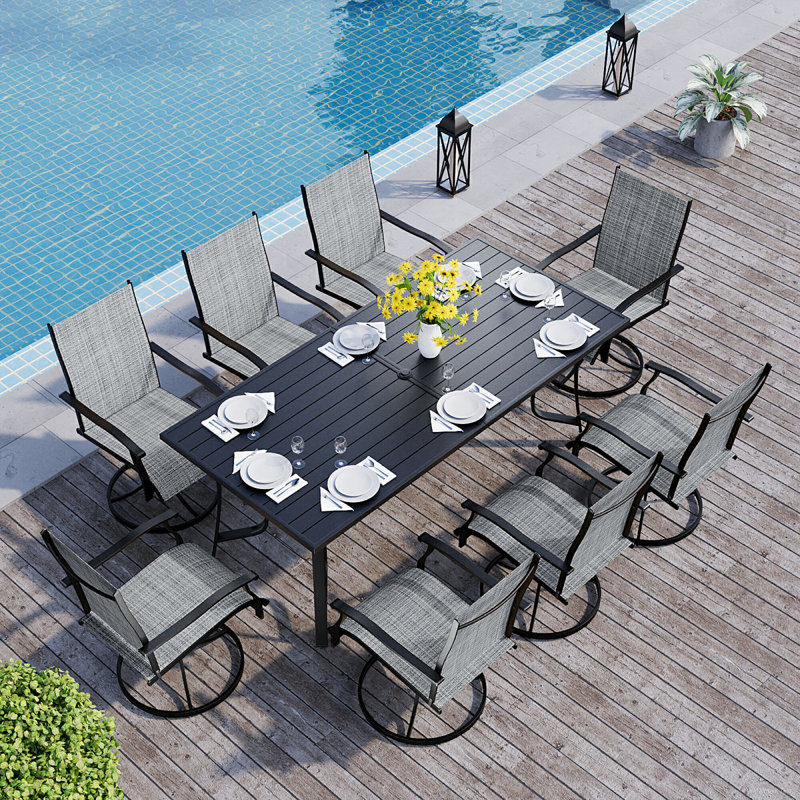 Ensemble de salle à manger de patio 9 pièces, ensemble de table et chaises d'extérieur pour 8, 8 chaises pivotantes, 1 table rectangulaire en fer avec trou de parasol réglable, ensemble de mobilier de patio pour terrasse, jardin, pelouse, bord de pisc
