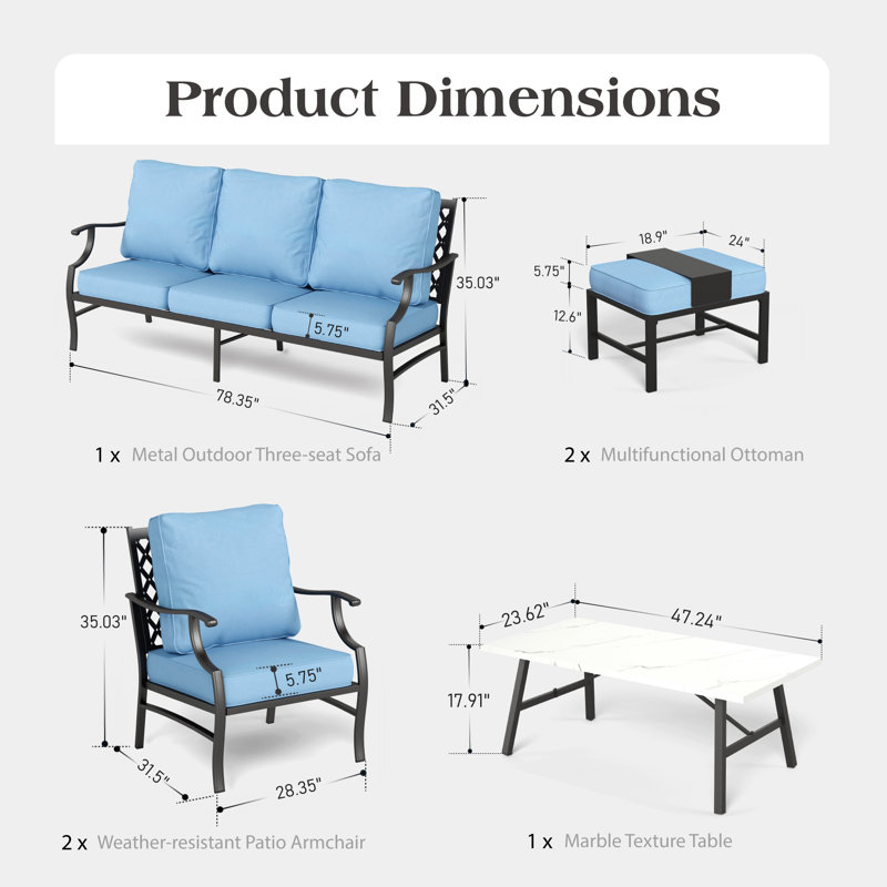 Asfand 5-7- Person Patio Conversation Set with Optional Ottoman, Blue, Yes