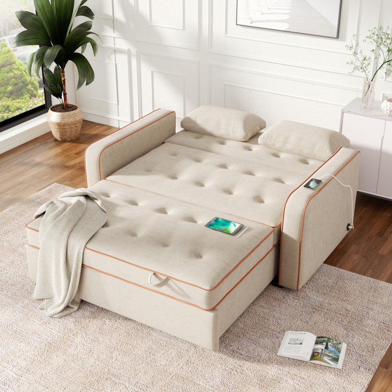 Upholstered Sleeper Bed, Pull Out Sofa Bed Couch Attached Two Throw Pillows, Comfy Sofa, Beige Velvet