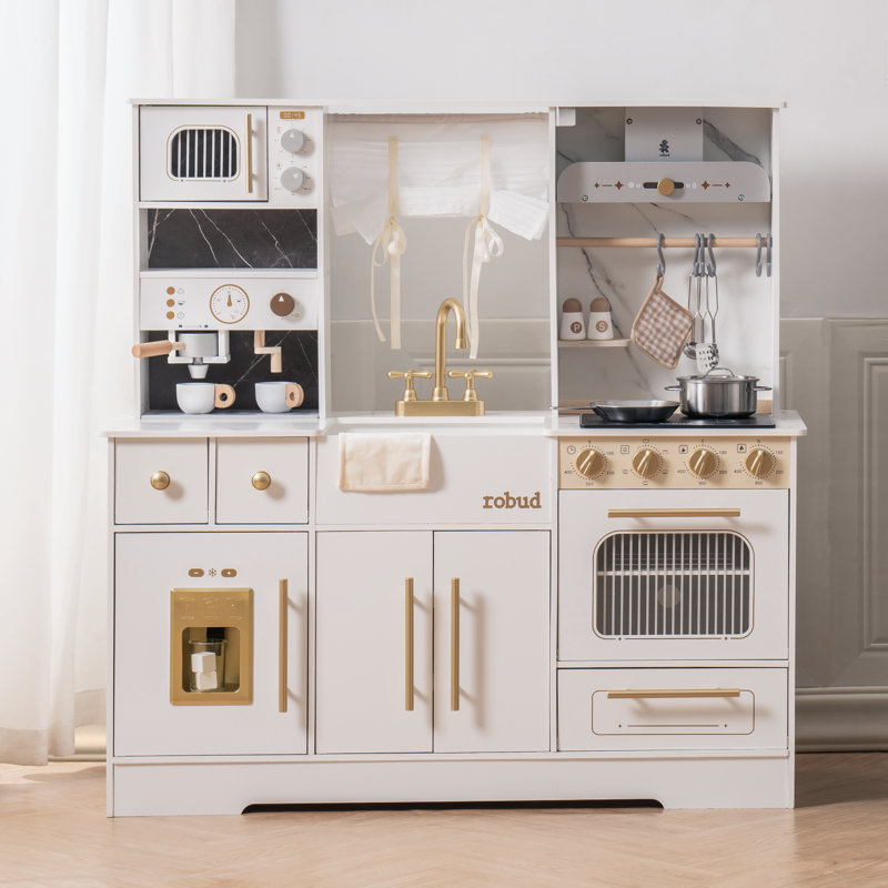 Large Preschool Kitchen Playset, Large Wooden Play Kitchen with Oven, Refrigerator, Coffee Machine and Microwave , Realistic Toddler Kitchen Set