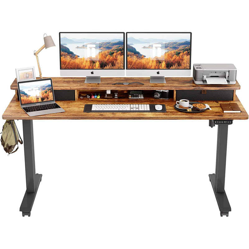 Hozaifa Adjustable Metal Base Standing Desk, Rustic Brown