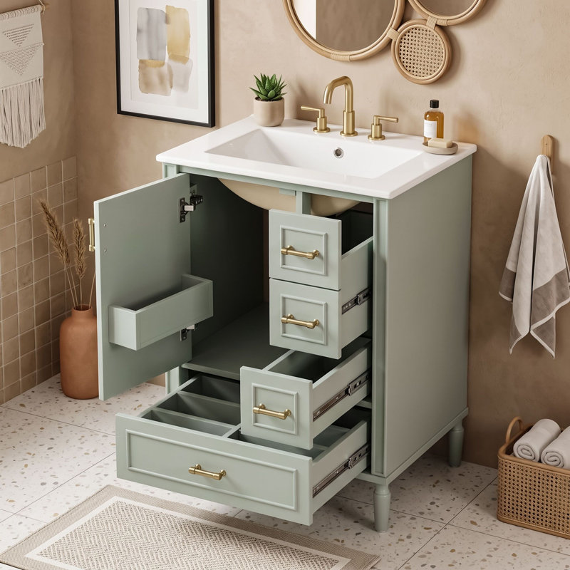 Meuble-lavabo de salle de bain avec lavabo en céramique et 3 tiroirs, Vert