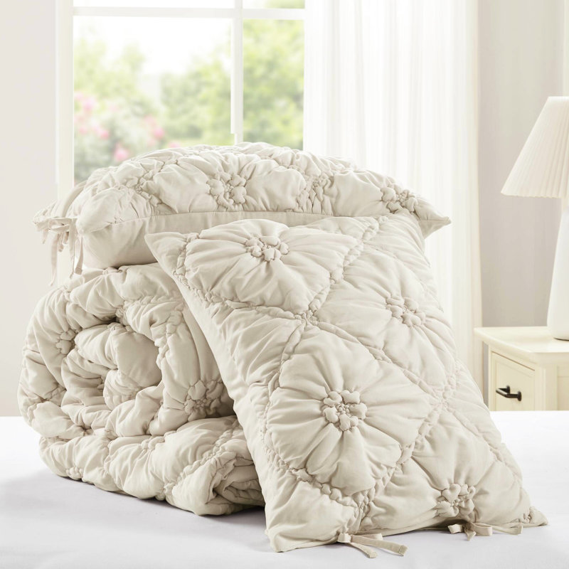 Édredon 3 pièces pour lit double / grand lit, joli matelassage floral, ruche élastique, rembourrage standard en microfibre 100
